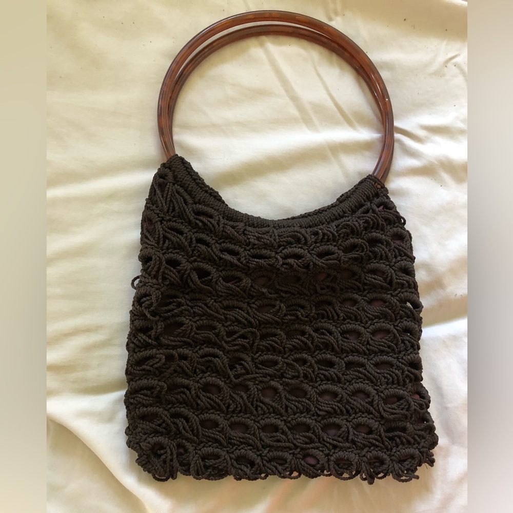 Vintage 70s Macrame Brown Handbag with Hoop Handles Lined Handmade Durable